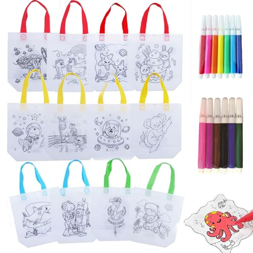 Goorder 12 Stück Stoffbeutel zum Bemalen für Kindergeburtstag, 12 Stück Aquarellstifte, perfektes Gastgeschenk für Kinder