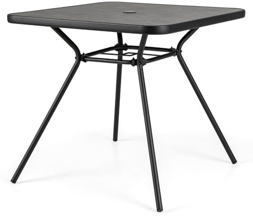 GIANTEX Table de Jardin Carrée, Plateau en SPC, Trou pour Parasol Ø 4 cm avec Couvercle, Pieds Réglable, Cadre en Métal Robuste, Charge 100 kg, Table Exterieur pour Jardin, Balcon, Terrasse, Noir
