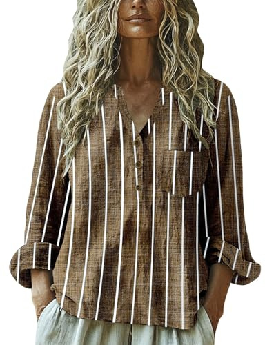Uwdiohq Women Baggy Cotton Linen Tops Stylish Print Blouse for Plus Size Long Sleeve V Neck T Shirt Hauts Tuniques Femmes pour Leggings Manches Courtes Chemisier Femme Chemise Femme Coton Chic