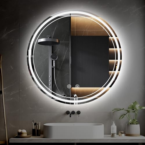 Hamlody LED Smart Bathroom Mirror with 3 Colours Dimmable, Circular 600MM Bathroom Wall Mirror with LED lights, Anti-fog Adjustable Brightness Wall-Mounted Round Bathroom Mirror, Plug style