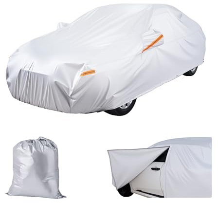 VEVOR Car Cover, Car Cover Waterproof for Mid Size European Sedan Cars Models, Custom-fit All Weather Sun Rain Wind Dust Snow Protection Full Exterior Covers with Door Zipper and Cotton Lining, Silver