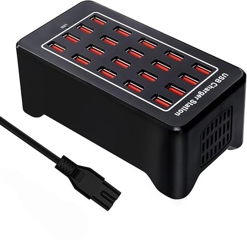 20 Ports Multiport USB Charging Station 100 W Multiple USB Charger Block with Intelligent Detection, Compatible with Smartphones, Tablets