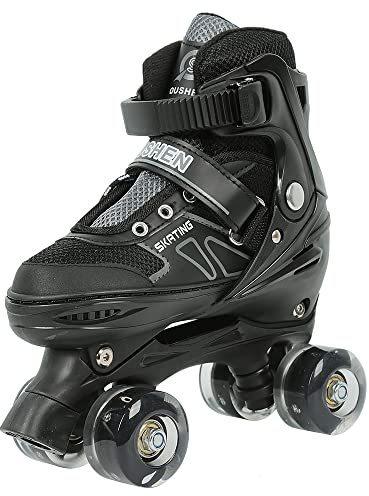 Belfoyer Verstellbare Kinder Rollschuhe 4-Rad, Doppelreihe ohne Licht, Rollschuhe für Mädchen & Jungen, Größen S anpassbar, Anfänger geeignet(Schwarz)