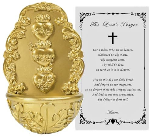 Holy Water Font Sacred Heart Catholic Decor - Holy Water Holder with Lord's Prayer Card Fuente De Agua Bendita for Wall, Altar, Home Entrance
