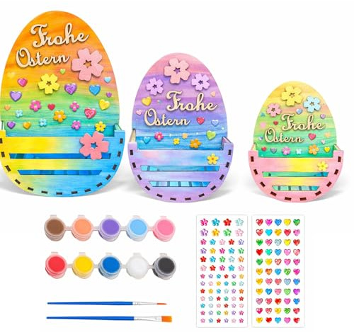 PIujsym 3er Set Osterkörbchen Holz zum Bemalen - Ostern Basteln Kinder Set inkl. 12 Farben, 2 Pinseln & Glitzeraufklebern, DIY Ostern Basteln Holzdeko für Eier, Kreatives osterkörbchen kinder