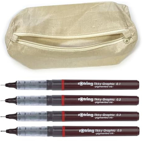 rOtring Tikky graphic fineliner pen set – 4 black ink tips (0.1, 0.2, 0.3, 0.5 mm) + eco cotton pencil case | waterproof, pigmented, long-lasting