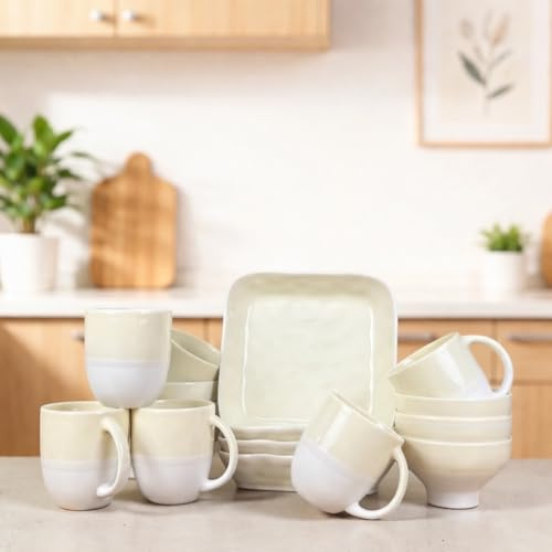 Vajillas 16 Piezas Color Crema - Estilo Nordico y Minimalista - Incluye Platos Cuadrados, Bols y Tazas - Ceramica Premium para el Hogar