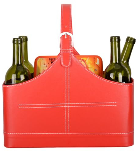 Porte-revues en cuir rouge avec poignée supérieure – Panier pour vin, fleurs, fruits, bonbons, journaux, présentoir de Noël
