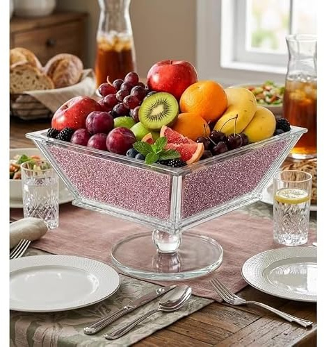 JAYOGLA Pink Crushed Diamond Glass Fruit Bowl Sparkle Crystal Pedestal Serving Bowl for Dining Table, Kitchen & Home Décor - (30x26x26 cm)