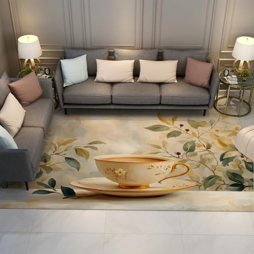 BYLEEHOMED Vintage-Teetassen-Teppich fürs Wohnzimmer französische Landteppiche fürs Schlafzimmer Esszimmer waschbare Blätter- und Beerenteppiche 120x160cm