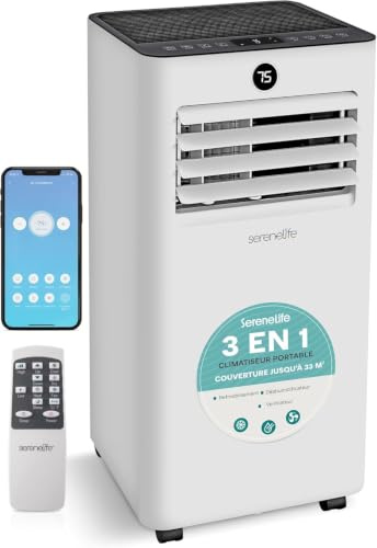 SereneLife Climatiseur Mobile 7000 BTU avec Évacuation – Climatisation Portable WiFi 3 en 1 Silencieuse avec Déshumidificateur, Ventilateur et Kit Fenêtre