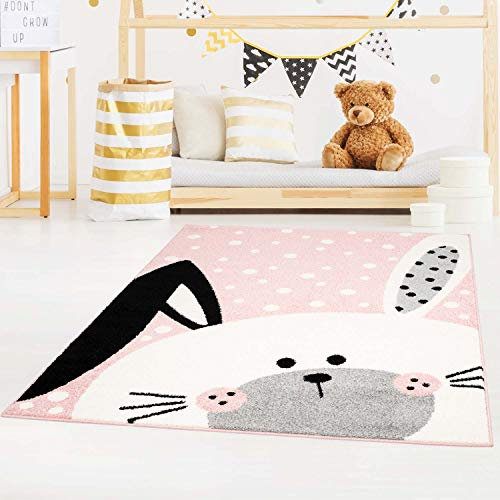 carpet city Kinderteppich Bubble Kids Flachflor Schlappohr-Hase, weiß gepunktet in Rosa für Kinderzimmer; Größe: 140x200 cm, bubble-1316-rosa-140x200