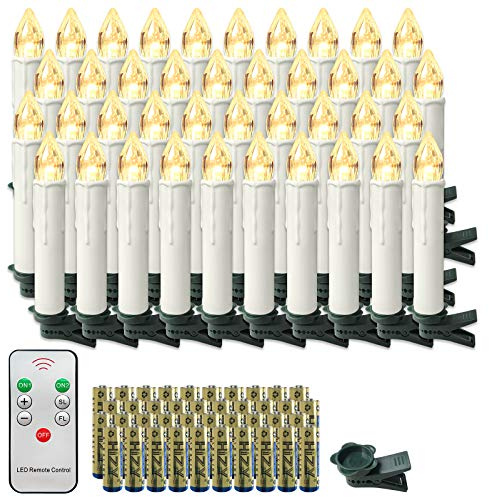 LARS360 Candele LED Senza Fiamma Con Telecomando e Clip per Albero di Natale - Decorazioni per Feste e Matrimonio (40 Bianco Caldo, Con Batteria)