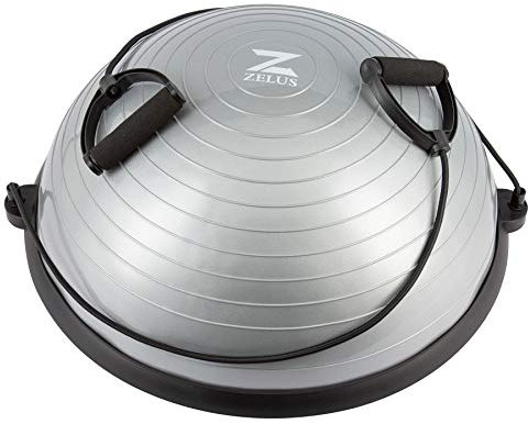 ZELUS 58cm Half Exercise Ball Stability Balance Board with Resistance Bands for Yoga Workouts, Half Dome Pilates Yoga Balance Ball Trainer with Foot Air Pump, Grey