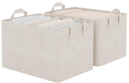 StorageWorks Storage Bins, Fabric Storage Bins for Shelves, Large Storage Baskets with Metal Frame, Closet Baskets and Bins with Handles, Khaki and Beige Stripes, 2-Pack