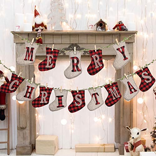 LessMo Weihnachtsbanner mit Sockenmuster, Merry Christmas Hängende Flagge, Weihnachten Briefe Banner für Tür-Wand-Fenster Home Innen- und Außen Neues Jahr Party Dekoration Kamindekoration