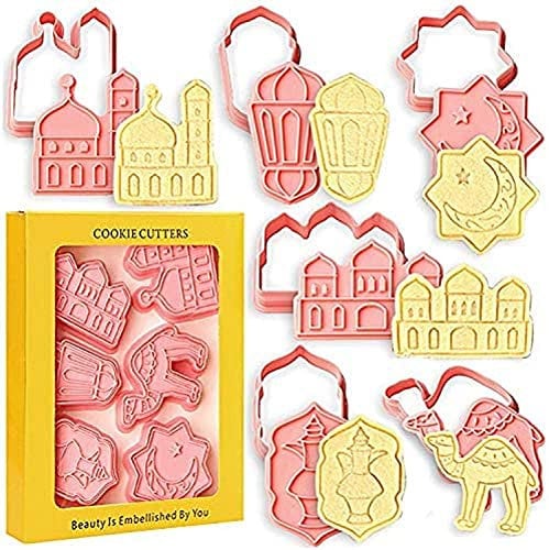 Eid Mubarak Cookie Cutter Biscuit Mould Stencil Islamic Ramadan (6Pcs) Pink - Mosque, Lantern, Star, Moon, Camel, Masjid