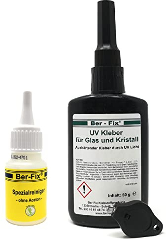 Ber-Fix UV Kleber mit Lampe Set Glaskleber für Glas Glas und Glas Metall 50g Gel 2500 mPas gleicht auch kleine Unebenheiten aus mit UV Lampe klein + Reiniger