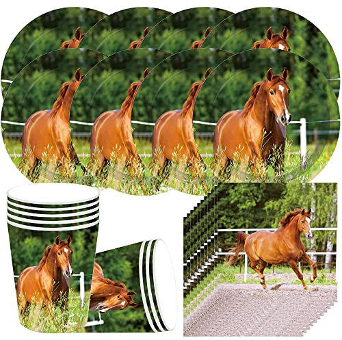 MEZHEN Pferd Partygeschirr Kindergeburtstag Deko Geburtstag Pferde Party Geschirr Pappteller Becher Servietten Western Cowgirl Geburtstagsfeier Tiere Tischdeko Set 8 Persone