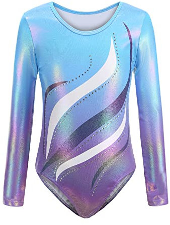 Sinoeem Gymnastikanzug Kinder Mädchen Langarm/Ärmellos Klassisch Turnanzug Ballettröckchen Trikotanzug Tanz Gymnastik Training Dancewear für Mädchen (Blau-langarm, 9-10Jahre)
