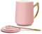 TOSSOW Ceramic Coffee Mug, Top Cup Mouth Gold Trim and Gold Handle Mug Cups, 450ml Ceramic Mug with Lid and Stainless Steel Spoon (Pink)