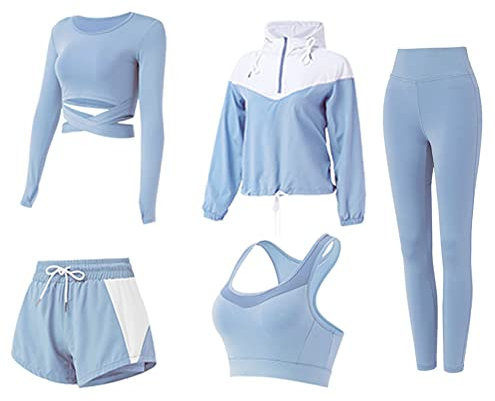 DJKTTMKW Trainingsanzug Damen Jogginganzug Set 5 Stück Sport Set Fitness Yoga Kleidung Sportanzug Sportkleidung Frauen Set (Blau, L)