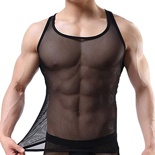 Camiseta Tirantes Malla Sexy Hombre Chaleco Rejilla sin Mangas Transparente Ropa Interior Elástica Dormir Camiseta Gimnasio Transpirable Culturismo Muscular Entrenamiento Lencería Traje Baño (M)