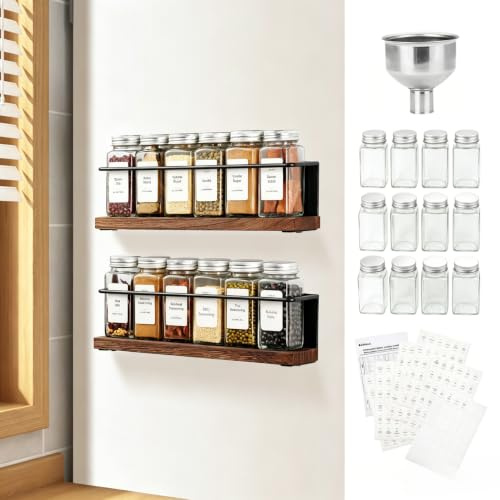 KitHero Magnetic Spice Rack Organizer with 12 Jars, 216 Labels, 1 Steel Funnel for Refrigerator，Microwave Oven - Full Set of Seasoning Organizer, Kitchen Gadgets
