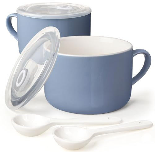 Wareland Soup Bowls with Handles & Spoons, 30oz Ceramic Ramen Bowl with Lid, Large Soup Mugs/Cups for Instant Noodle, Big Cereal Bowls for Oatmeal, Soup Containers with Lids, Set of 2, Sky Blue