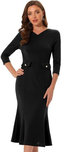 Allegra K Vintage Bodycon Fishtail Dress for Women's 3/4 Sleeve Work Church Cocktail Dresses Black XL