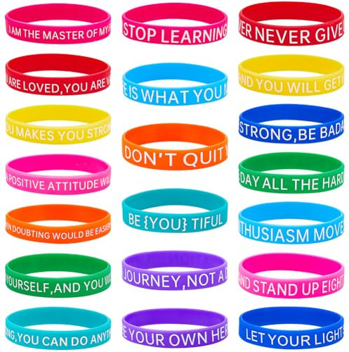 GORGECRAFT 10 Couleurs 20Pcs Bracelets de Motivation en Silicone Citation Inspirante Bracelets en Caoutchouc Bandes de Sport avec Messages Positifs pour Cadeaux de Bureau Rouge Jaune Bleu