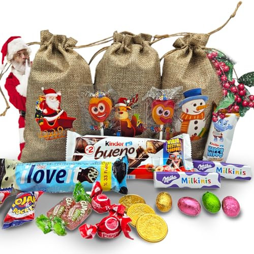 Pack Chocolates y Chuches Navidad - 3 x Bolsas de Lino con Kinder Bueno, Kinder Navidad Happy Hippo y + 15 Chocolates y Chuches de Navidad para Niños - Perfecto para Regalar en estos Reyes Magos