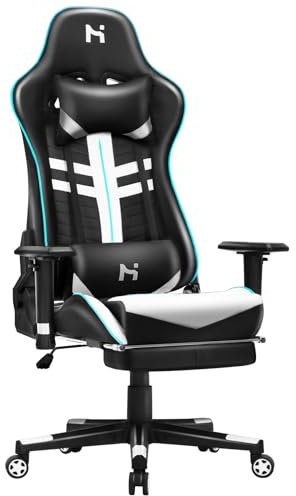 Precision Synergie Gaming Chair with Footrest, Ergonomic Office Chairs with Headrests and Lumbar Support, PU Leather High-back Computer Chairs, 330lbs Capacity for Gaming or Office, Black & White