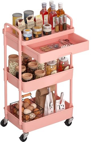 Dttwacoyh, 1 Stück 3 Tier rollwagen mit schubladen, servierwagen mit Rollen, schönheit und Haar kunststoffschale, metallrohr und metallräder rollwagen, servierwagen für, Wohnzimmer, küche，rosa