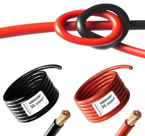 EBROM HI-FLEX 2 Meter hochflexibles Batteriekabel ROT und SCHWARZ - 35 mm² | Batterie Kabel 35 mm2 - PLUSKABEL & MASSEKABEL - extrem leicht verlegbar - für PV, Boot, Solar, Industrie, LKW, KFZ, Caravan
