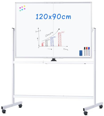 maxtek Whiteboard mit Ständer 120 X 90cm, Doppelseitiges Magnetisches Aluminiumrahmen Mobiles Whiteboard mit Stifte, Schwämme, Tafellöscher