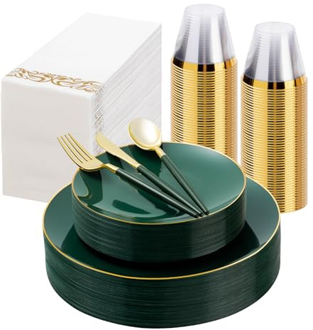 175 Pieces Green Gold Plastic Dinnerware Set, Gold Disposable Plates for Party, Include 50 Green Plates with 75 Plastic Cutlery, 25 Napkins and 25 Cups