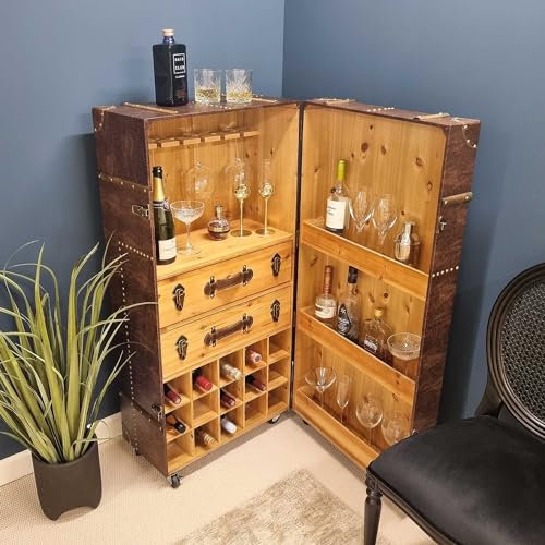 Homesdirect365 Brown Trunk Drinks Cabinet | Bar Cabinet | Indoor Bar | Home Bar Unit | Bar Cabinets | Drinks Cabinet for Living Room | Wine Cabinet | Alcohol Cabinet
