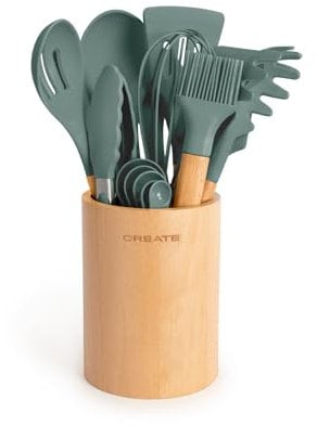CREATE/Set de utensilios verde sage y madera / 11 utensilios, silicona y madera de haya, libres de BPA, resistente al calor hasta 230°C