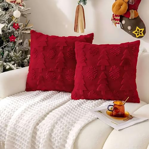 QKTYB Kissenbezug Weihnachten Set Aus 2, Weihnachtskissenbezug 45x45cm, Korallenvlies Schneeflocken Baumdesign KissenbezüGe Weihnachten FüR Sofa Bett Wohnraum Weihnachtsdekoration (Rot)