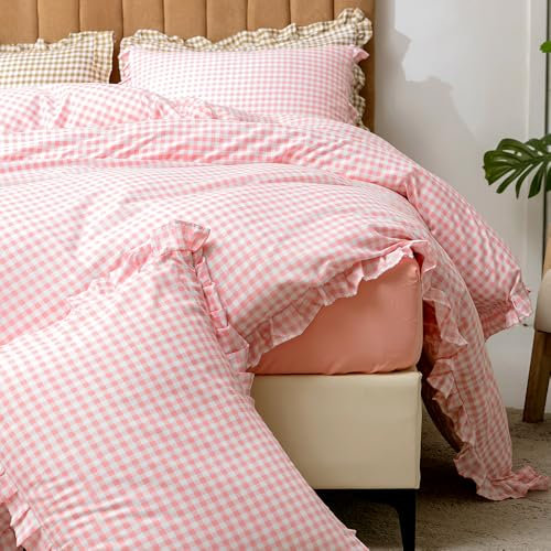 Nyescasa Housse de Couette 240x260 à Carreaux Vichy Rose et Blanc à Volant Romantique Parure de lit Adulte 2 Personnes en Microfibre Housse Couette avec Fermeture Éclair et 2 Taies d'oreiller 65x65 cm