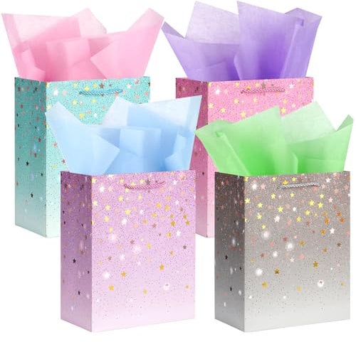 AMFUN 4PCS Gift Bags with Tissue Paper, Party Favor Baging for Birthday, Exquisite Birthday Gift Baged with Handles,Xmas, Baby Shower, 4 Colors Paper Party Bags for Women Men
