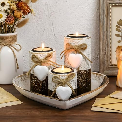 Holz Teelichthalter mit Tablett, 3Pcs Kerzenständer Set für Hochzeits Tischdeko, Herzform Romantische Wohndeko für Freundin Geburtstag,Herz Deko Liebesgeschenke für Frauen Mama (Farbblock)