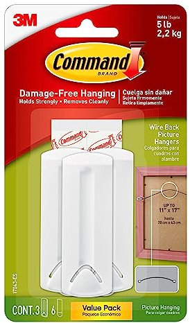 Command Wire-Backed Picture Hanger, Value Pack - 3 Hangers and 6 Adhesive Strips, White - Damage Free Hanging - For Wire-backed Frames - Holds up to 2.2 kg (Packaging may vary)
