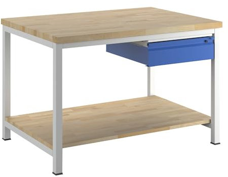 RAU | Werkbank | Gestellbauweise | 1 Schublade Größe L | 1 Ablageboden Buche massiv | Tiefe 900 mm | Breite 1250 mm