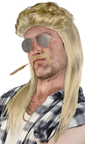 SET aus: Vokuila Perücke + Bart + Goldkette + Pilotenbrille Silber - Prollperücke Vokuhilaperücke Proll Pimp Blond Brünette Grau Schwarz 80er 90er Jahre (Hellblond + Bart + Goldkette + Pilotenbrille)