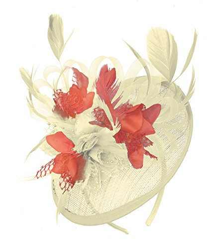 Caprilite Cream Ivory and Coral Sinamay Disc Saucer Fascinator Hat for Women Weddings Headband