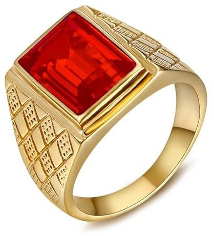 BOBIJOO JEWELRY - Siegelring Ring Mann, Der Rote Stein Gefälschte Rubin-Royal Cardinal Vintage Stahl Gold - 18,5 (8 US), Vergoldet - Edelstahl 316
