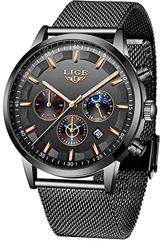 LIGE Hommes Montres Mode Noir Acier Inoxydable Imperméable Chronographe Quartz Analogique Montre pour Homme avec Luxe Affaires Habiller Regarder