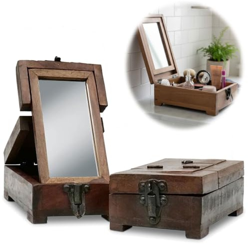LS-LebenStil Barber Utensilienbox Teakholz 22cm Schmuckschatulle Schminkbox | Vintage Rasierbox mit Spiegel | ideal auch als Makeup Organizer, Aufbewahrungsbox Schmuckschatulle Case Etui
